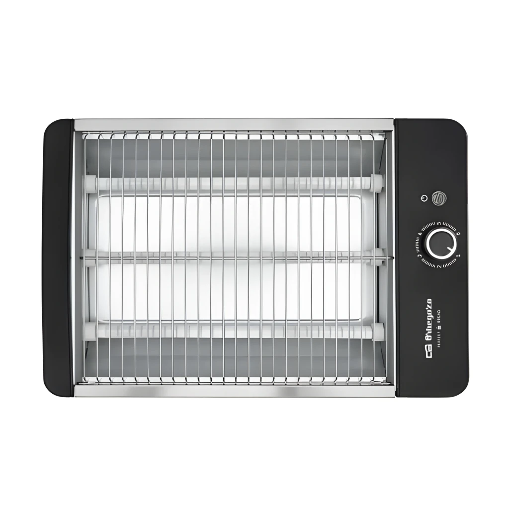 Orbegozo Grille-pain TO 2030 600W Argent, vue en perspective: résistances allumées, grille et bouton rotatif sur corps en - Ítem5