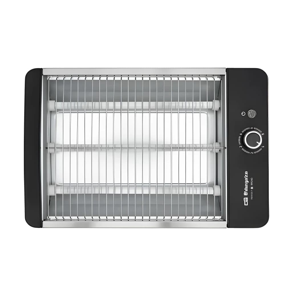 Orbegozo Grille-pain TO 2030 600W Argent, vue de face: grille métallique intérieure, résistances et bouton rotatif latéral