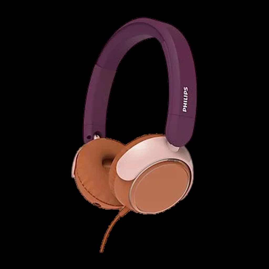 Philips TAK2000MP/00 auscultadores infantis púrpura, vista lateral: arco púrpura, almofadas rosa e castanho com cabo
