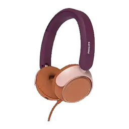Philips TAK2000MP/00 auscultadores infantis púrpura, vista lateral: arco púrpura, almofadas rosa e castanho com cabo
