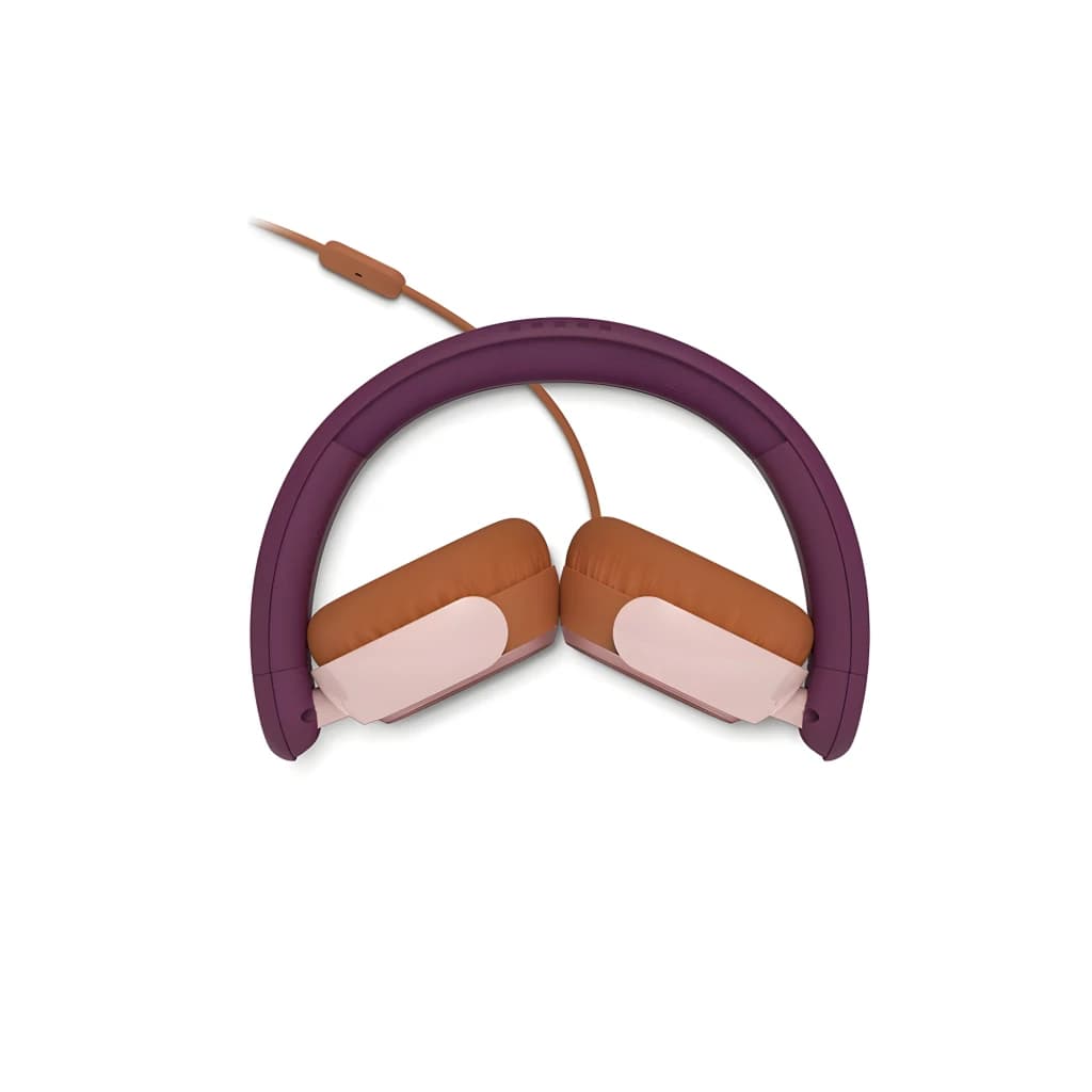 Philips TAK2000 auriculares infantis roxo, vista superior dobrados: arco roxo, almofadas castanho e rosa com cabo