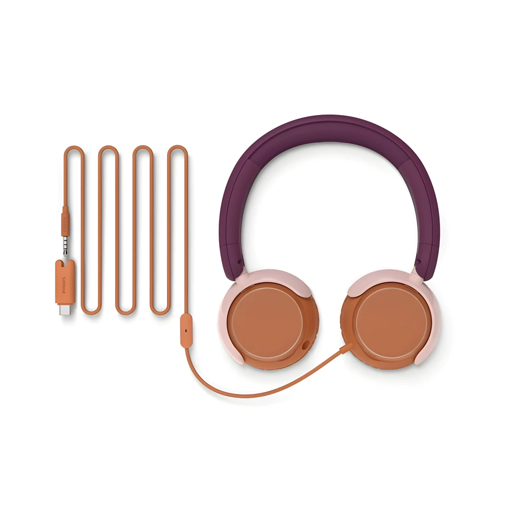 Philips TAK2000MP/00 auriculares niños púrpura, vista lateral: diadema púrpura, almohadillas rosa y marrón con cable - Ítem6