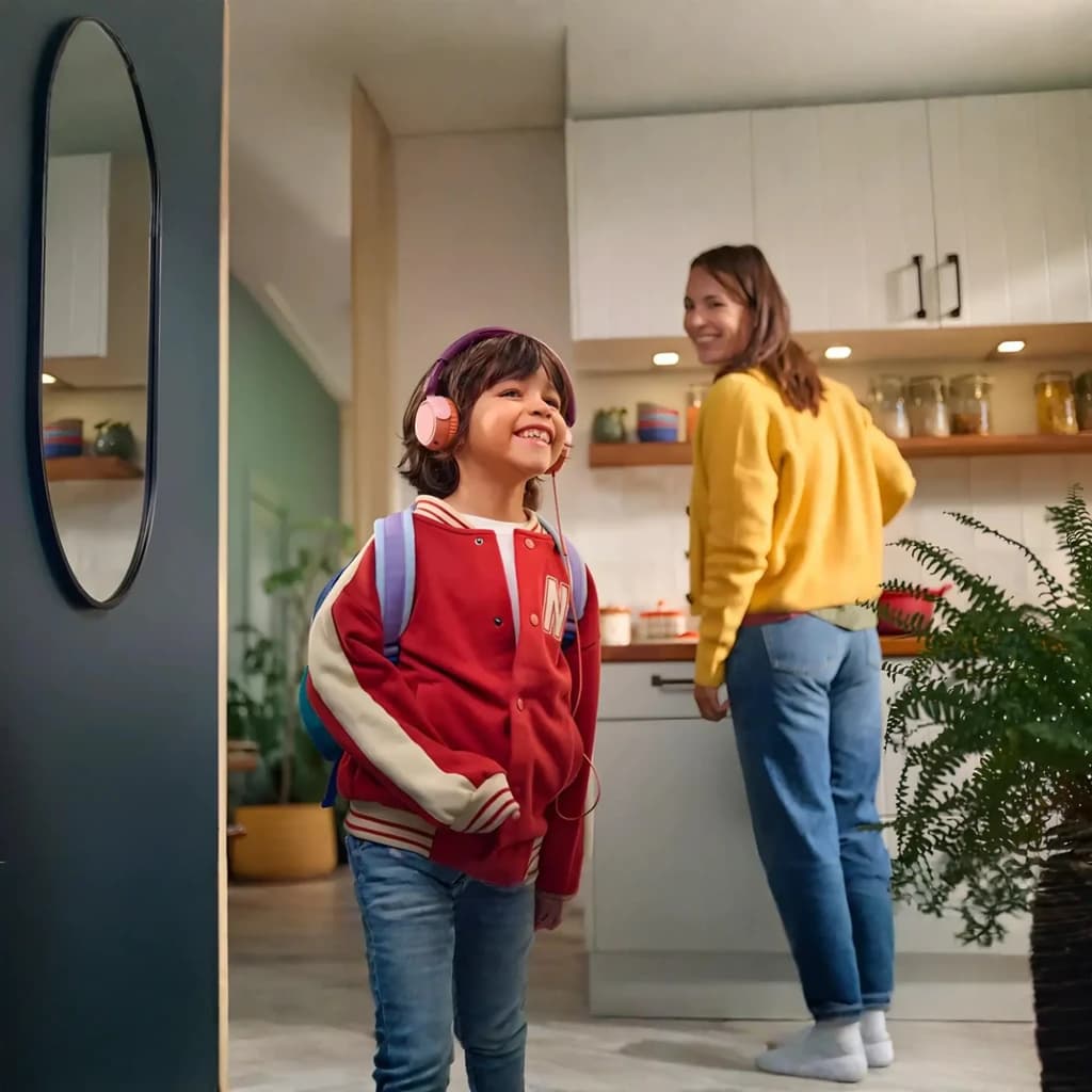 Philips TAK2000 auriculares crianças roxo, lifestyle: criança sorridente com auriculares na cozinha com mochila vermelha
