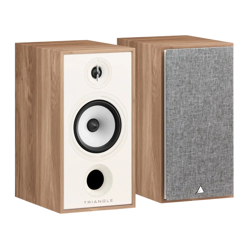 Triangle Borea BR04 roble, vista frontal par: altavoz sin rejilla con tweeter y woofer blanco, segundo con rejilla gris