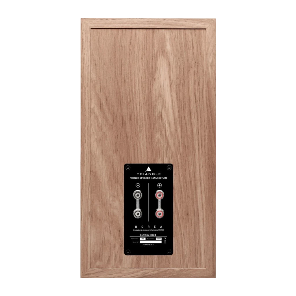 Triangle Borea BR04 roble, vista trasera: panel de conexiones con bornes biwiring rojo y negro sobre caja de madera