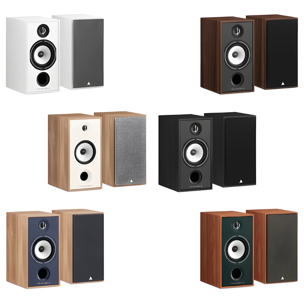 Triangle Borea BR04, vista frontal: 6 variantes de color, altavoces de estantería con tweeter y woofer visibles