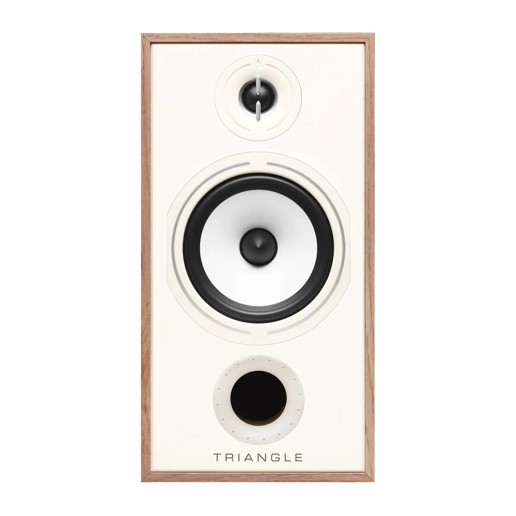 Triangle Borea BR04 blanco, vista frontal: tweeter, woofer blanco y puerto de graves con marco de madera clara