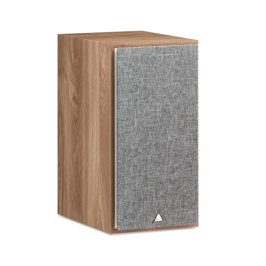 Triangle Borea BR04 nogal, vista lateral: caja de madera y rejilla de tela gris con logo triangular