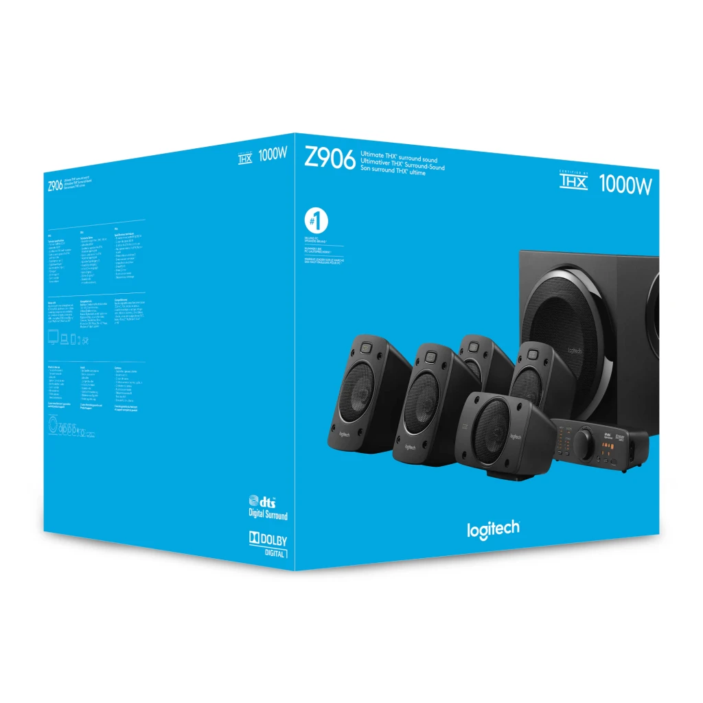 Logitech Z906 5.1 500W Negro, vista frontal: subwoofer central, 5 satélites, consola de control y mando a distancia - Ítem10