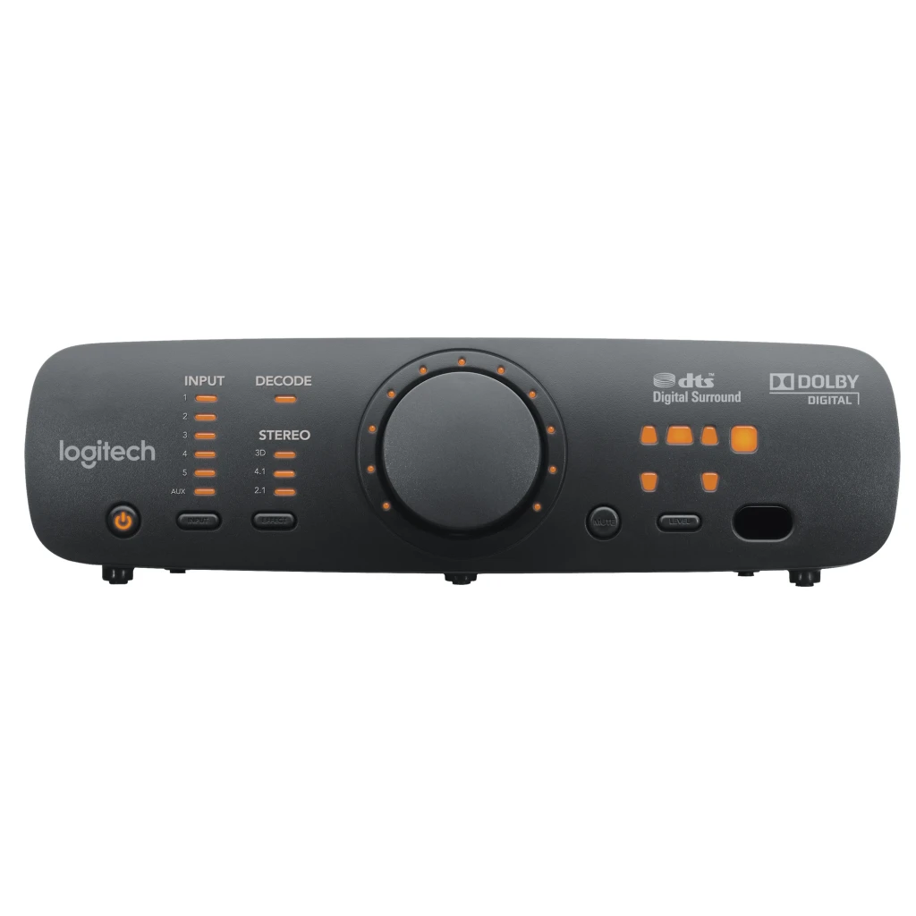 Logitech Z906 5.1 500W Negro, vista frontal: subwoofer central, 5 satélites, consola de control y mando a distancia - Ítem5