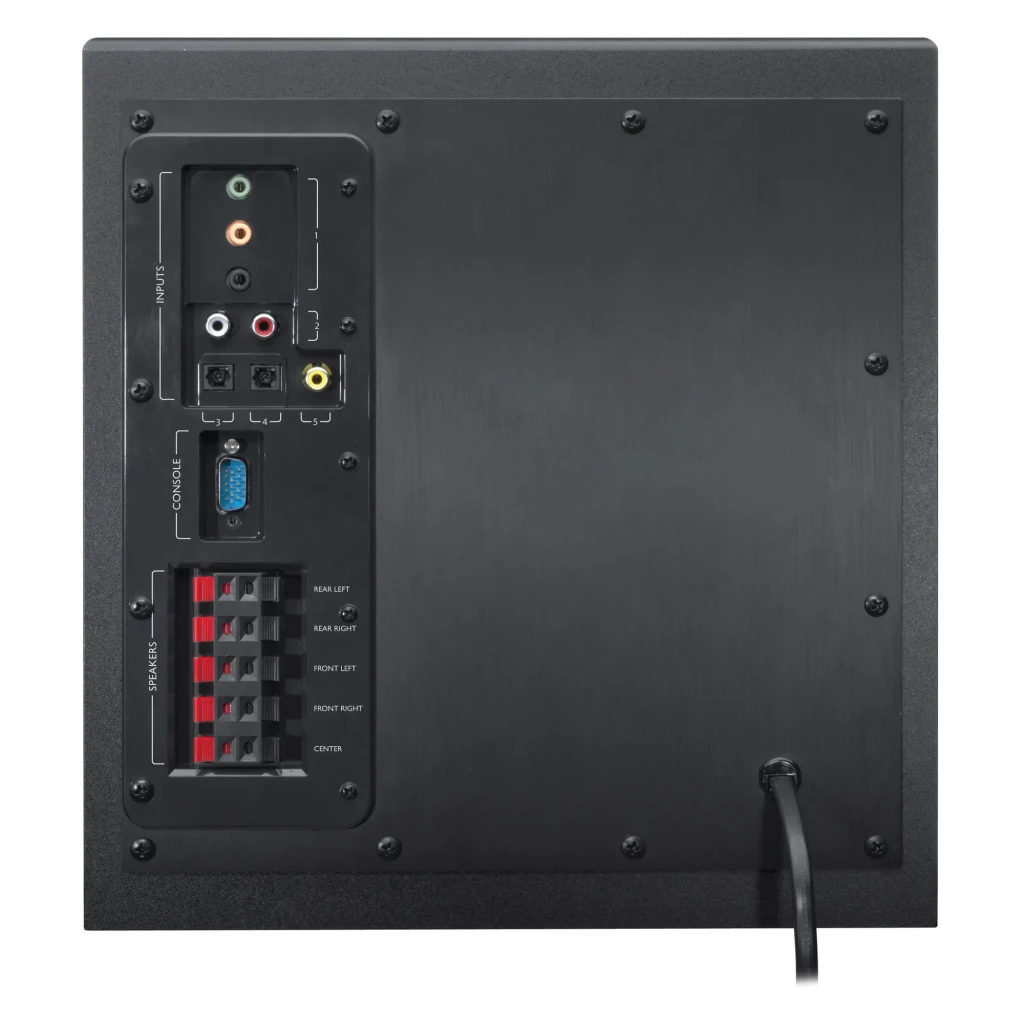 Logitech Z906 5.1 500W Negro, vista frontal: subwoofer central, 5 satélites, consola de control y mando a distancia - Ítem6
