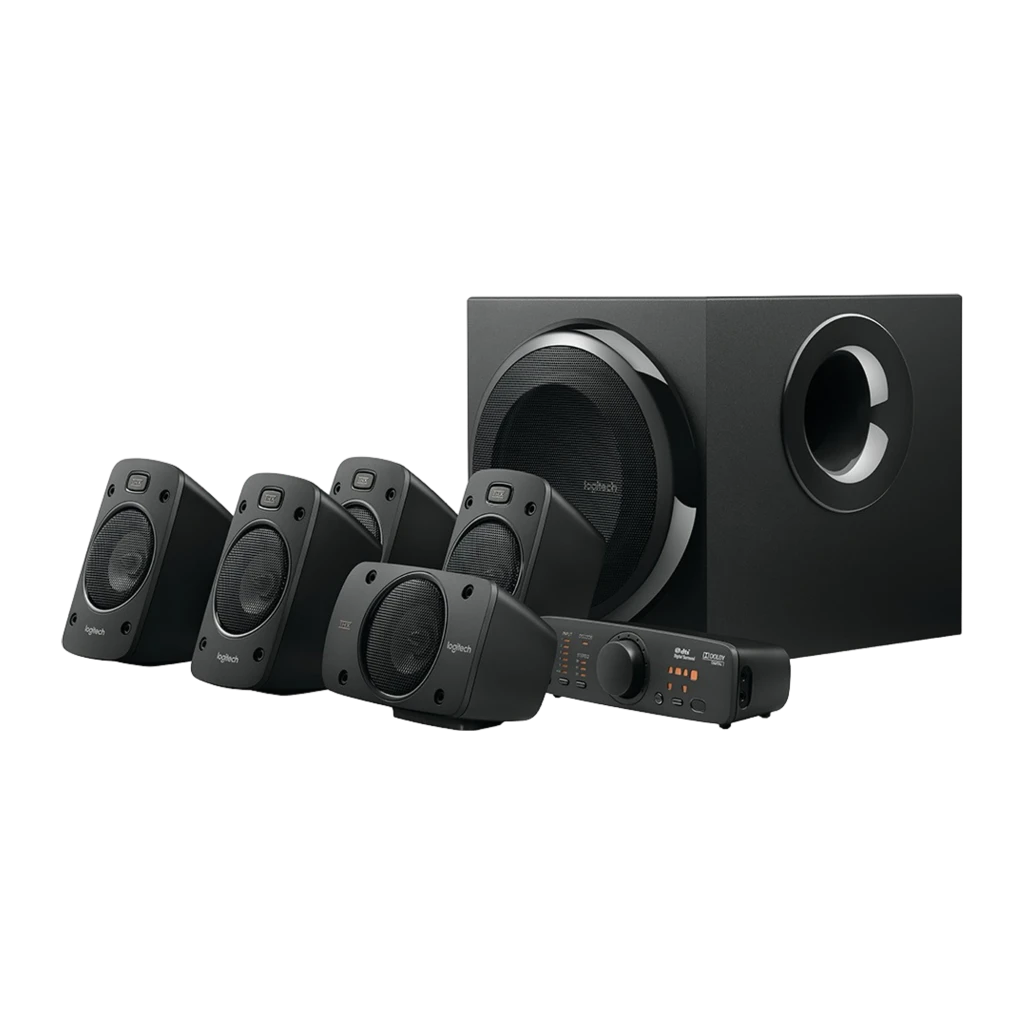 Logitech Z906 5.1 500W Negro, vista frontal: subwoofer central, 5 satélites, consola de control y mando a distancia - Ítem1