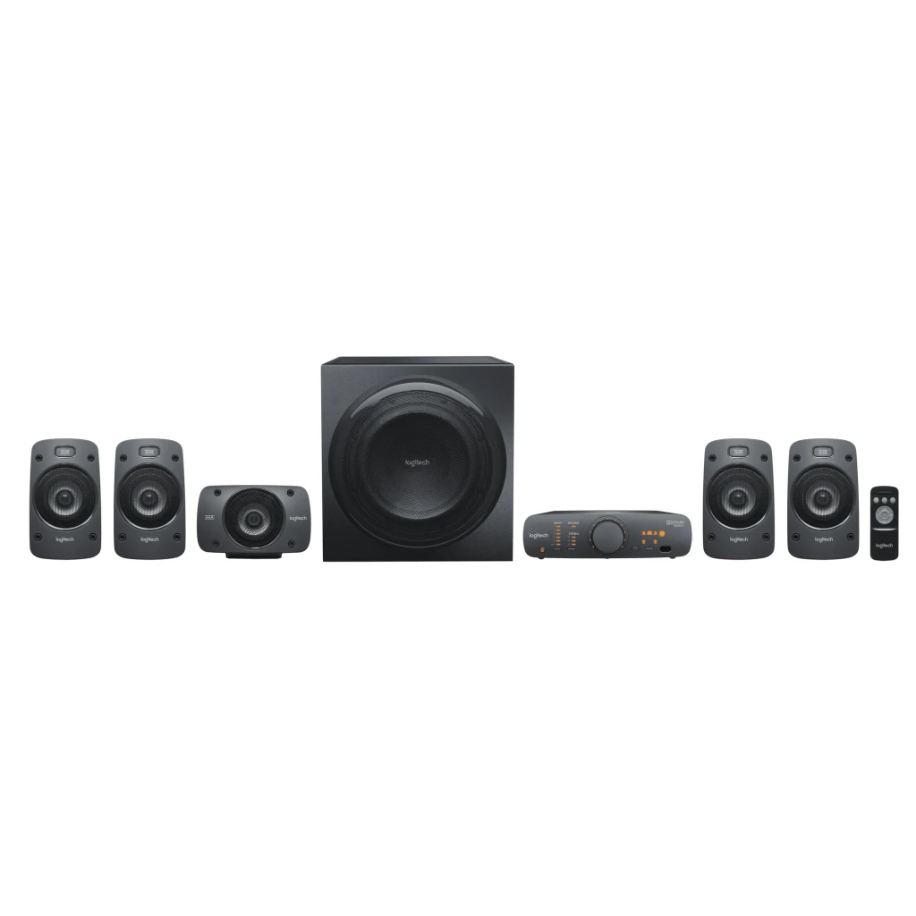 Logitech Z906 5.1 500W Negro, vista frontal: subwoofer central, 5 satélites, consola de control y mando a distancia - Ítem2