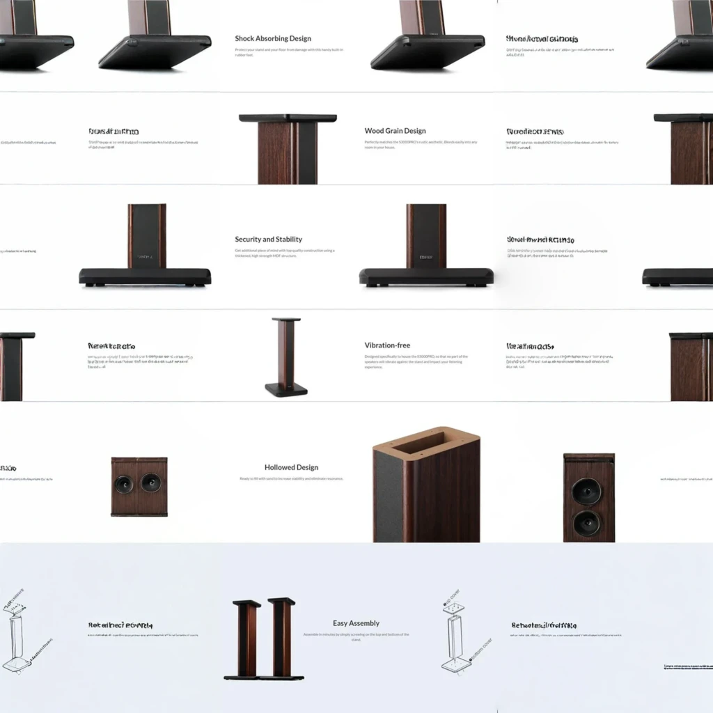 Edifier SS03 castanho escuro, vista frontal par: dois suportes com coluna de madeira e base preta - Item5