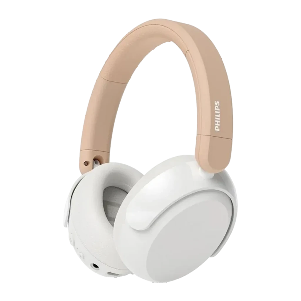 Philips TAK5500AL 5000 Series Branco, vista lateral: arco âmbar, almofadas brancas e logótipo Philips visível