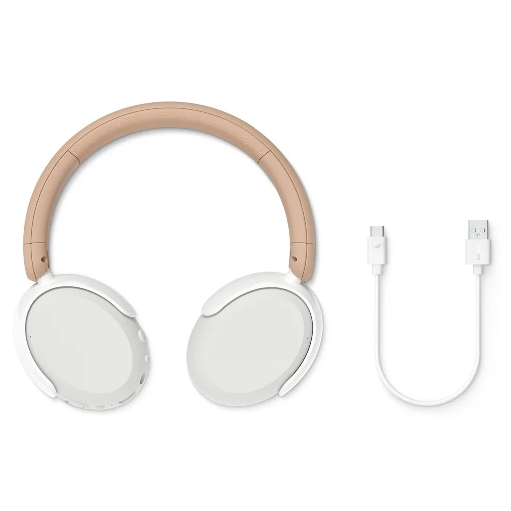 Philips TAK5500AL 5000 Series Branco, vista frontal com acessórios: auscultadores e cabo USB-C incluído