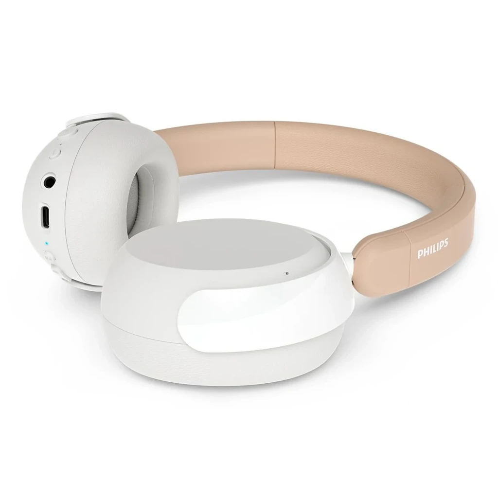 Philips TAK5500AL 5000 Series branco, vista lateral traseira: arco âmbar, porta USB-C e jack 3,5mm visíveis