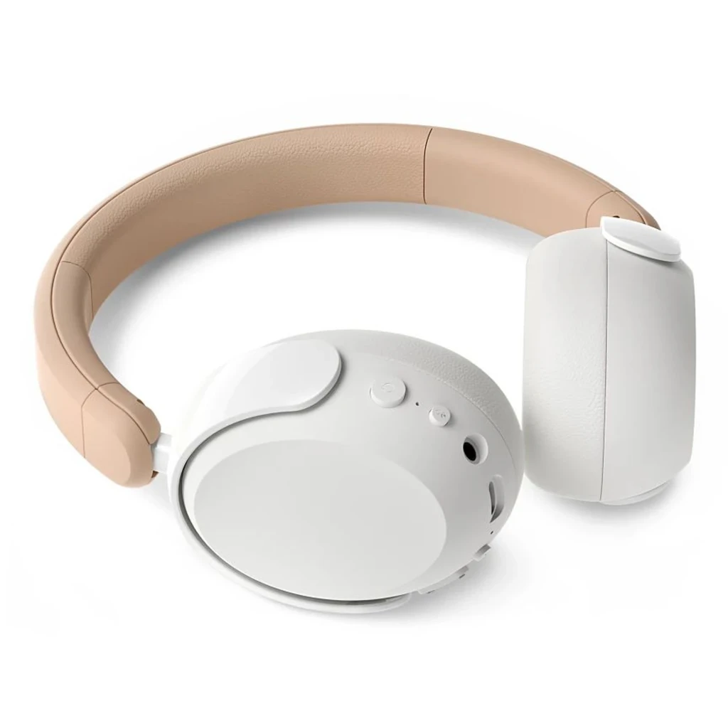 Philips TAK5500AL 5000 Series Branco, vista lateral: auscultadores supraaurais com arco bege e controlos na cápsula