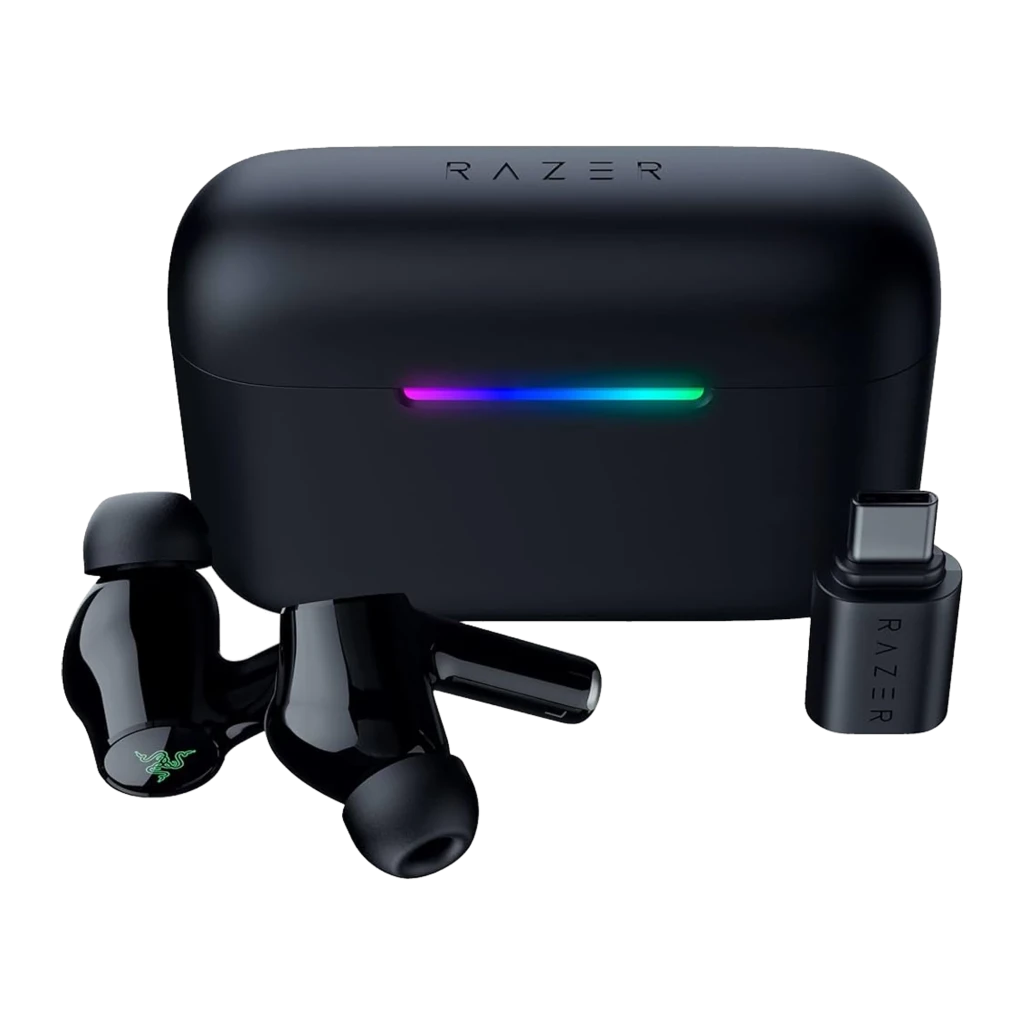 Razer Hammerhead V3 X HyperSpeed for Xbox Noir, vue latérale: étui ouvert intérieur vert avec LED RGB et écouteur droit - Ítem1