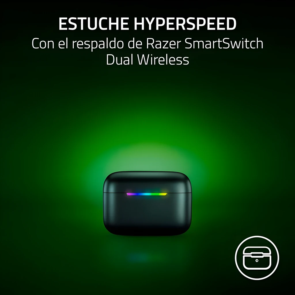 Razer Hammerhead V3 X HyperSpeed for Xbox Noir, vue latérale: étui ouvert intérieur vert avec LED RGB et écouteur droit - Ítem6