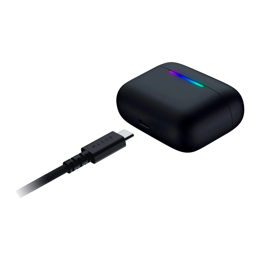 Razer Hammerhead V3 X HyperSpeed for Xbox Noir, vue latérale: étui ouvert intérieur vert avec LED RGB et écouteur droit - Ítem3