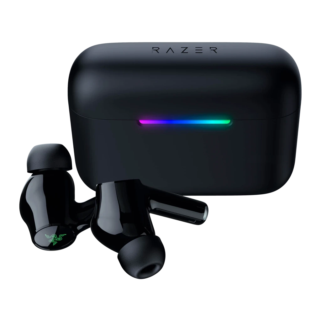 Razer Hammerhead V3 X HyperSpeed for Xbox Noir, vue latérale: étui ouvert intérieur vert avec LED RGB et écouteur droit - Ítem2
