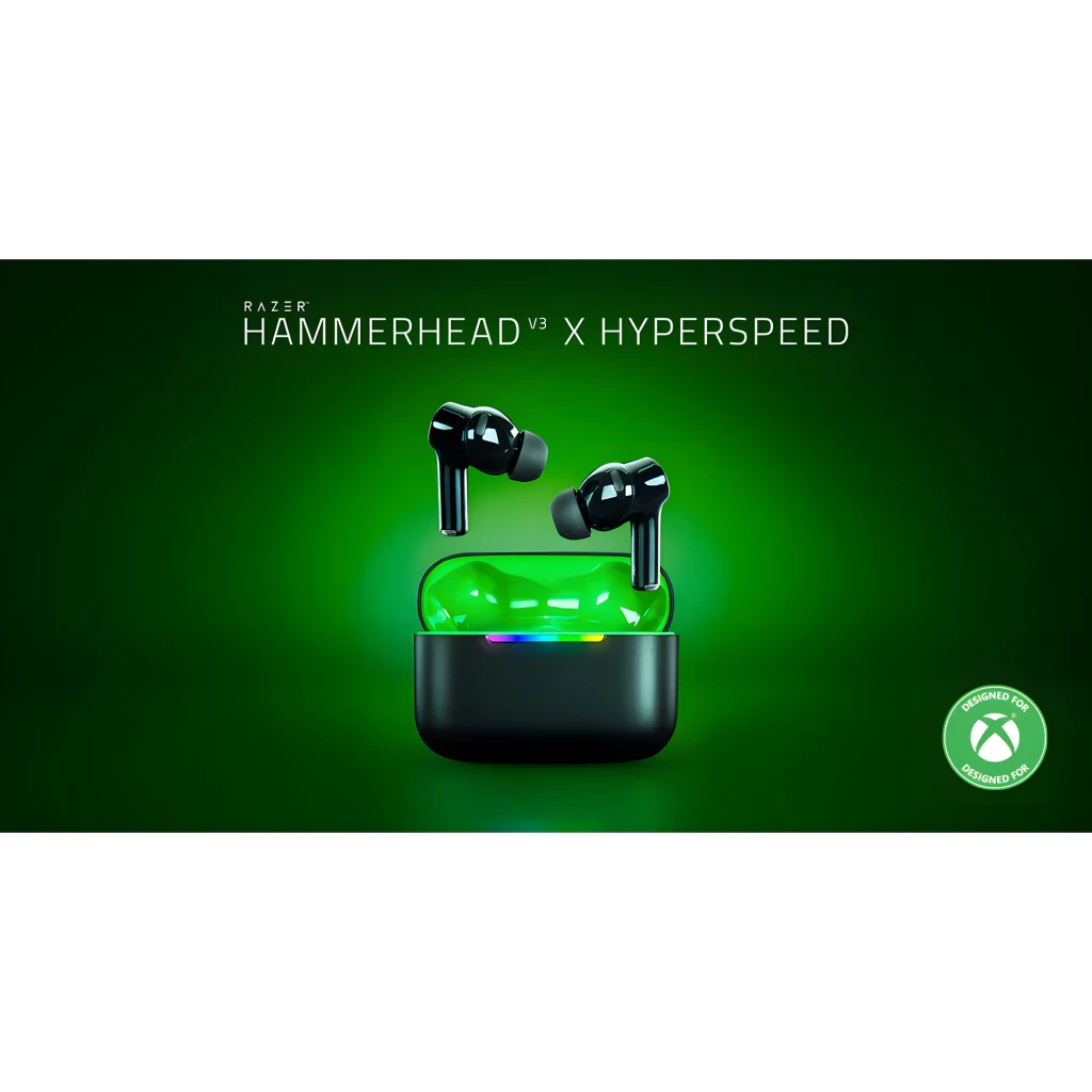 Razer Hammerhead V3 X HyperSpeed for Xbox Noir, vue latérale: étui ouvert intérieur vert avec LED RGB et écouteur droit - Ítem4