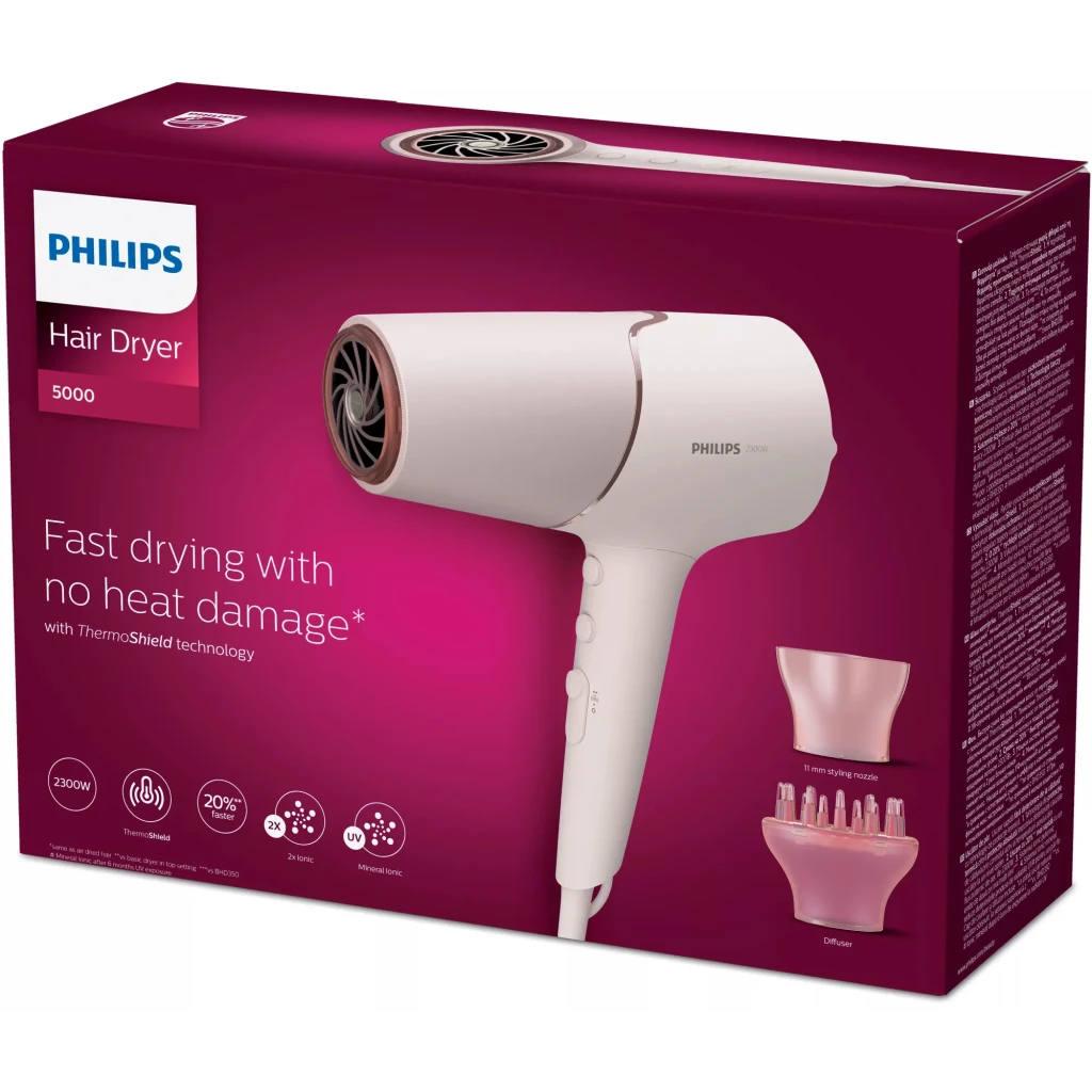 Philips Sèche-cheveux BHD530/00 Rose Blanc, vue latérale: sèche-cheveux avec buse concentrateur et diffuseur sur fond noir - Ítem2