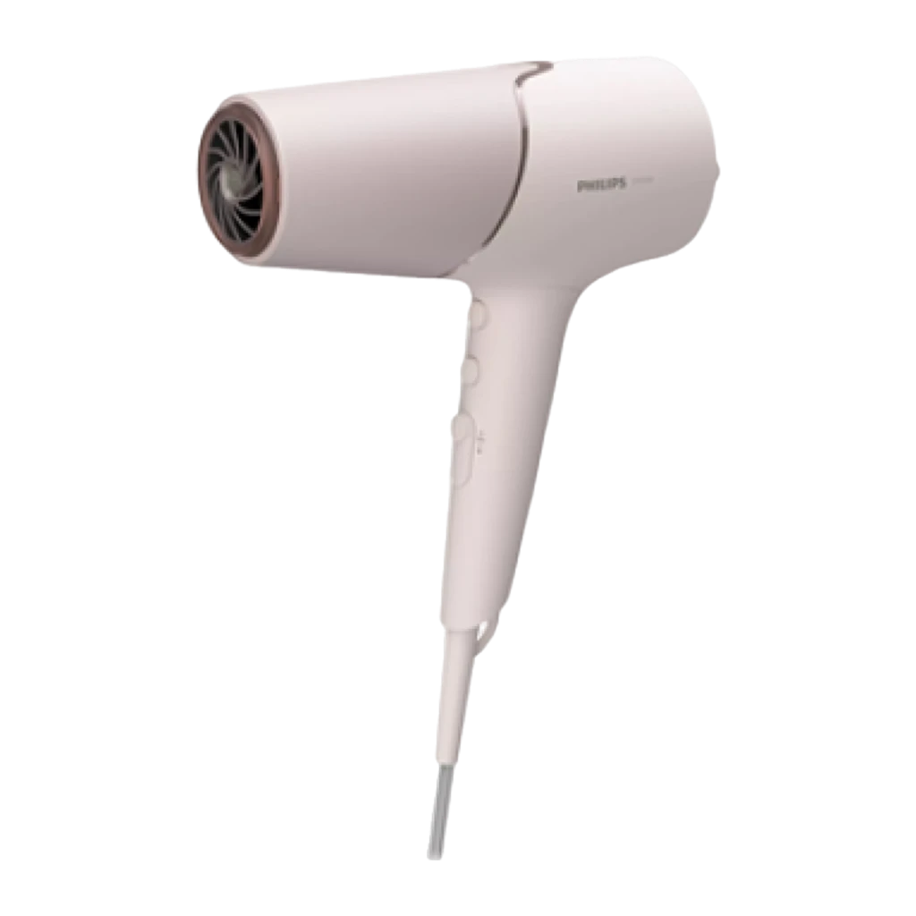 Philips Sèche-cheveux BHD530/00 Rose Blanc, vue latérale: sèche-cheveux avec buse concentrateur et diffuseur sur fond noir - Ítem1