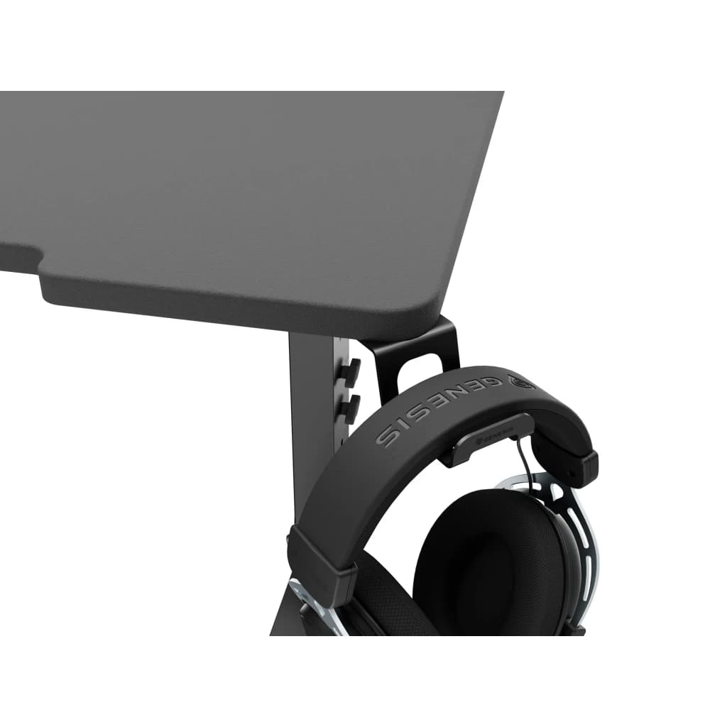 Genesis Mesa Gaming Holm Modular 180 RGB Negro 180x75cm, detalle: soporte auriculares integrado en pata metálica negra con