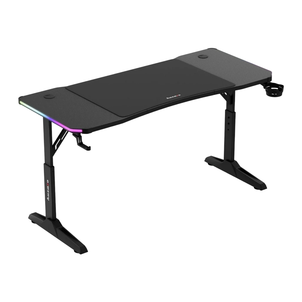 Huzaro Mesa gaming Hero 3.6 RGB Negro, vista en ángulo: superficie texturizada, iluminación RGB en el borde frontal y patas