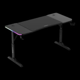 Huzaro Mesa gaming Hero 3.6 RGB Negro, vista en ángulo: superficie texturizada, iluminación RGB en el borde frontal y patas