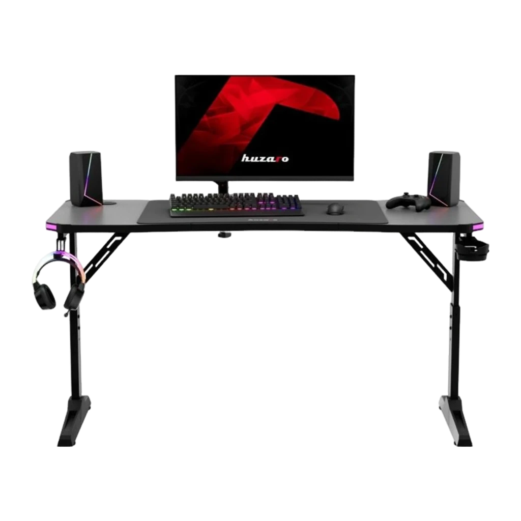 Huzaro Mesa gaming Hero 3.6 RGB Negro, vista frontal: setup completo con monitor, teclado RGB, auriculares colgados y