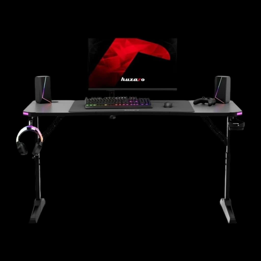 Huzaro Mesa gaming Hero 3.6 RGB Negro, vista frontal: setup completo con monitor, teclado RGB, auriculares colgados y