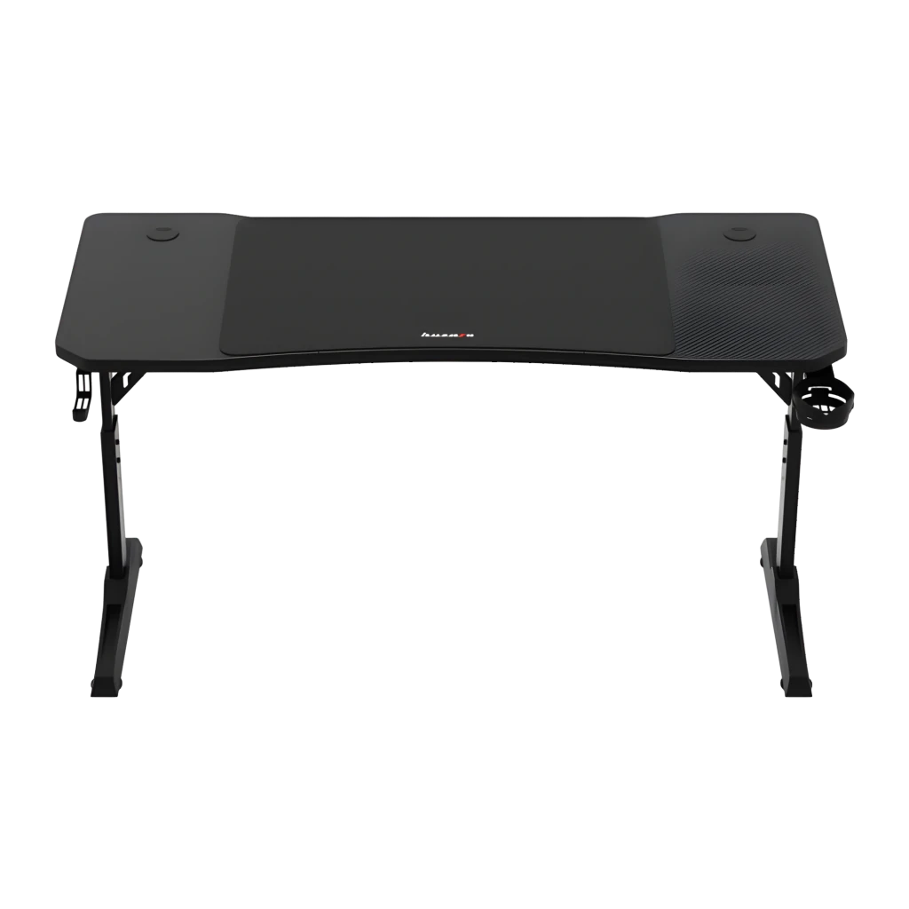 Huzaro Mesa gaming Hero 3.6 RGB Negro, vista frontal: superficie con textura carbono, portavasos y patas en Z negras