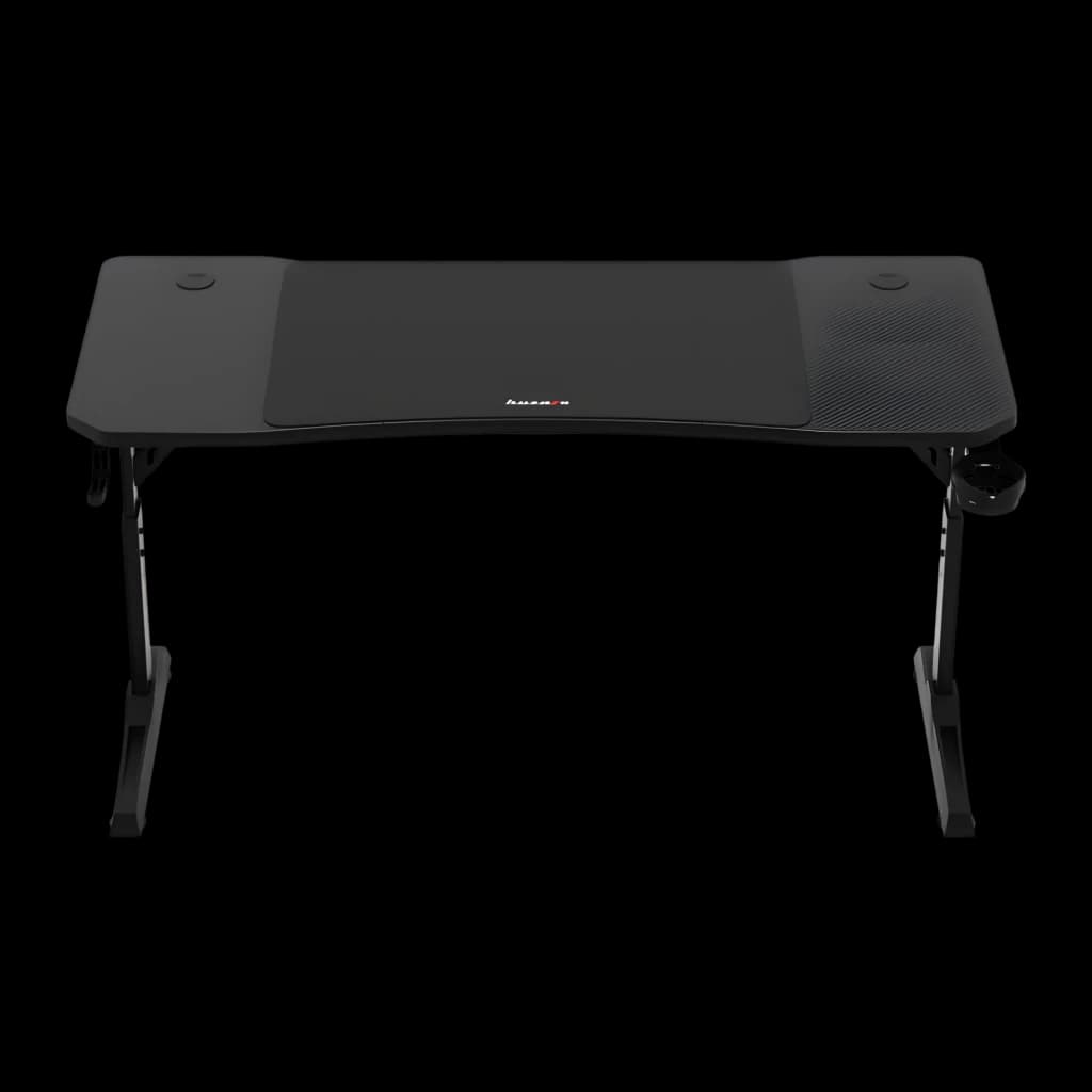 Huzaro Mesa gaming Hero 3.6 RGB Negro, vista frontal: superficie con textura carbono, portavasos y patas en Z negras