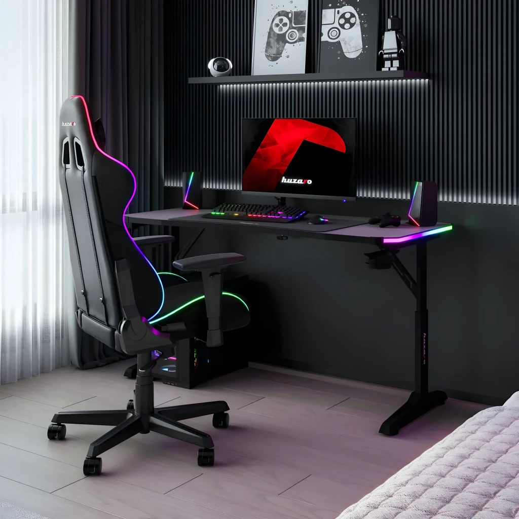Huzaro Mesa gaming Hero 3.6 RGB Negro, vista ambientada: mesa con iluminación RGB en habitación gaming con silla y monitor