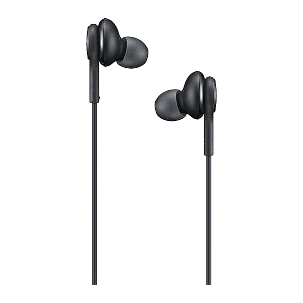 Samsung Auriculares AKG USB-C negro, vista frontal: ambos auriculares in-ear con almohadillas y cables negros