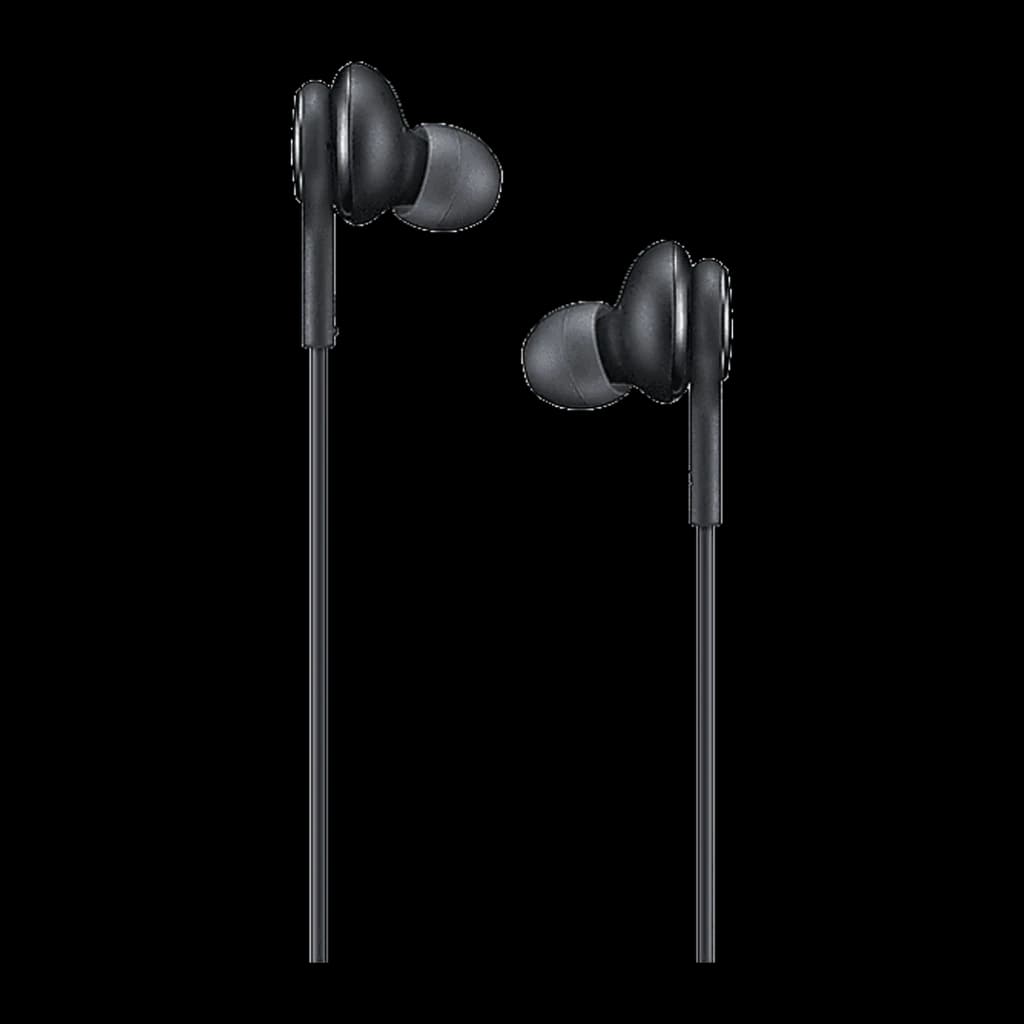 Samsung Auriculares AKG USB-C negro, vista frontal: ambos auriculares in-ear con almohadillas y cables negros
