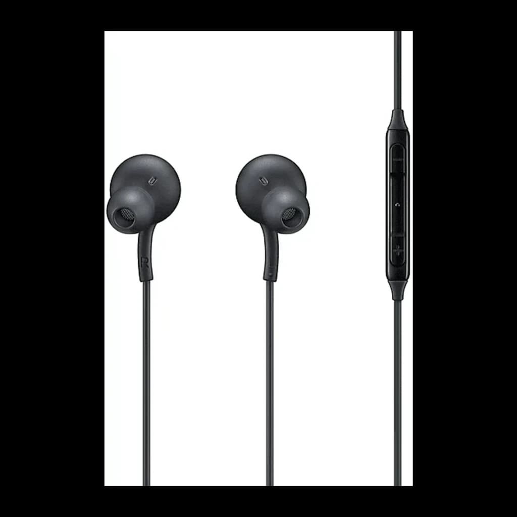 Samsung Auriculares AKG USB-C negro, vista frontal: ambos auriculares in-ear con cable y mando en línea con botones de