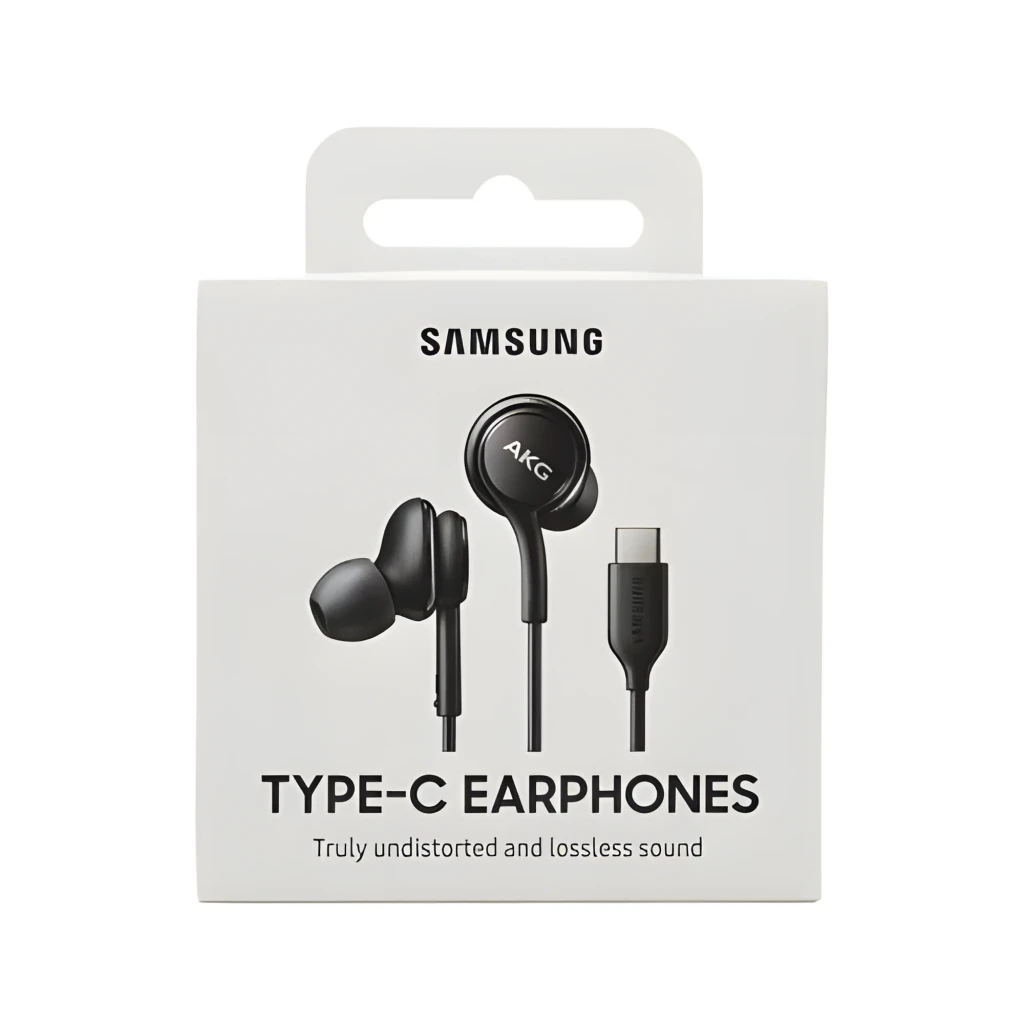 Samsung Auriculares AKG USB-C negro, caja frontal: packaging con auriculares y conector USB-C visibles