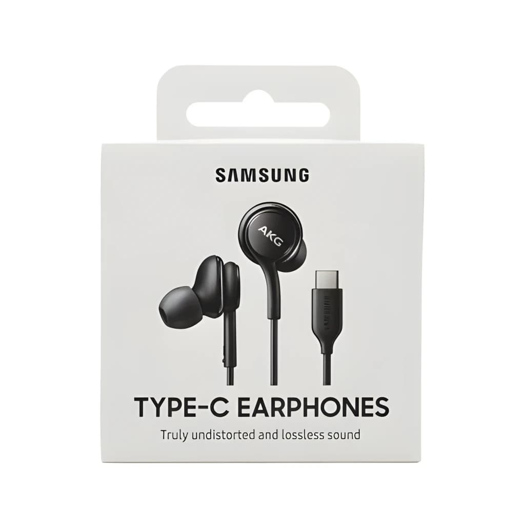Samsung Auriculares AKG USB-C negro, caja frontal: packaging con auriculares y conector USB-C visibles