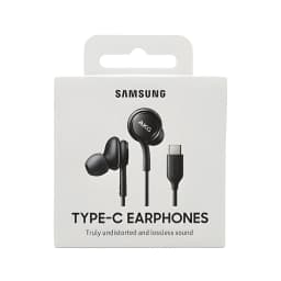Samsung Auriculares AKG USB-C negro, caja frontal: packaging con auriculares y conector USB-C visibles