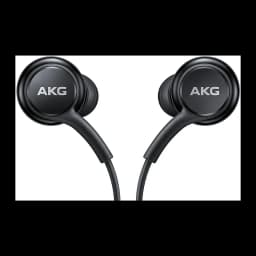 Samsung Auriculares AKG USB-C negro, vista frontal: dos auriculares in-ear con logo AKG visible en cada cápsula