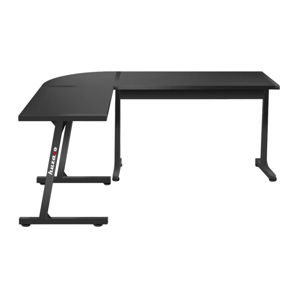 Huzaro Bureau gaming Hero 6.0 Noir, vue en perspective: plateau en L texture carbone et pieds en T - Ítem1