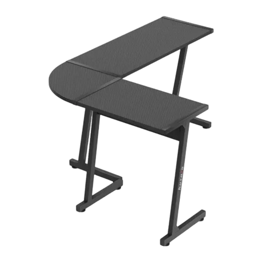 Huzaro Bureau gaming Hero 6.0 Noir, vue en perspective: plateau en L texture carbone et pieds en T - Ítem2