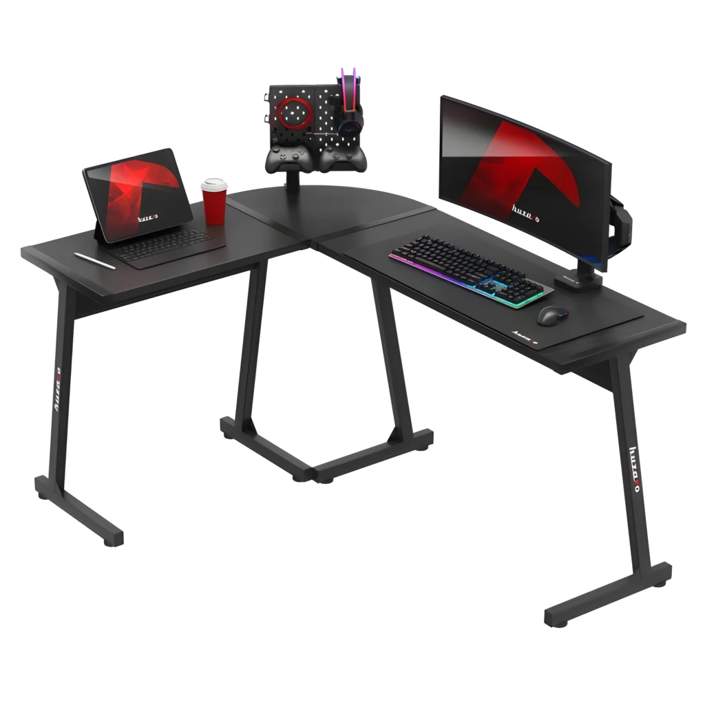 Huzaro Bureau gaming Hero 6.0 Noir, vue en perspective: plateau en L texture carbone et pieds en T - Ítem4