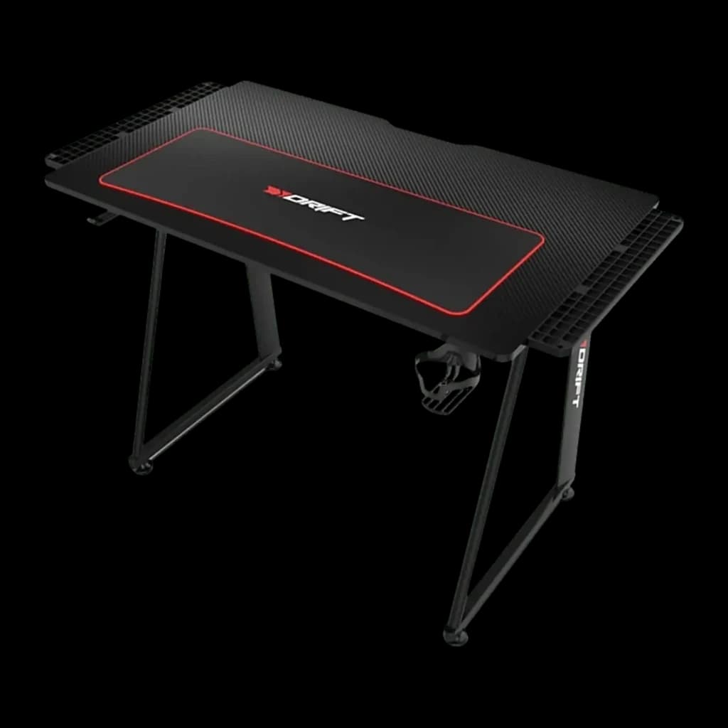 Drift Mesa Gaming DZ75 Negro Rojo, vista en perspectiva: superficie carbono con mousepad integrado borde rojo, portavasos y