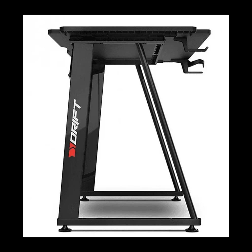Drift Mesa Gaming DZ75 Negro Rojo, vista lateral: estructura metálica en Z, logo Drift rojo y blanco, gancho auriculares y