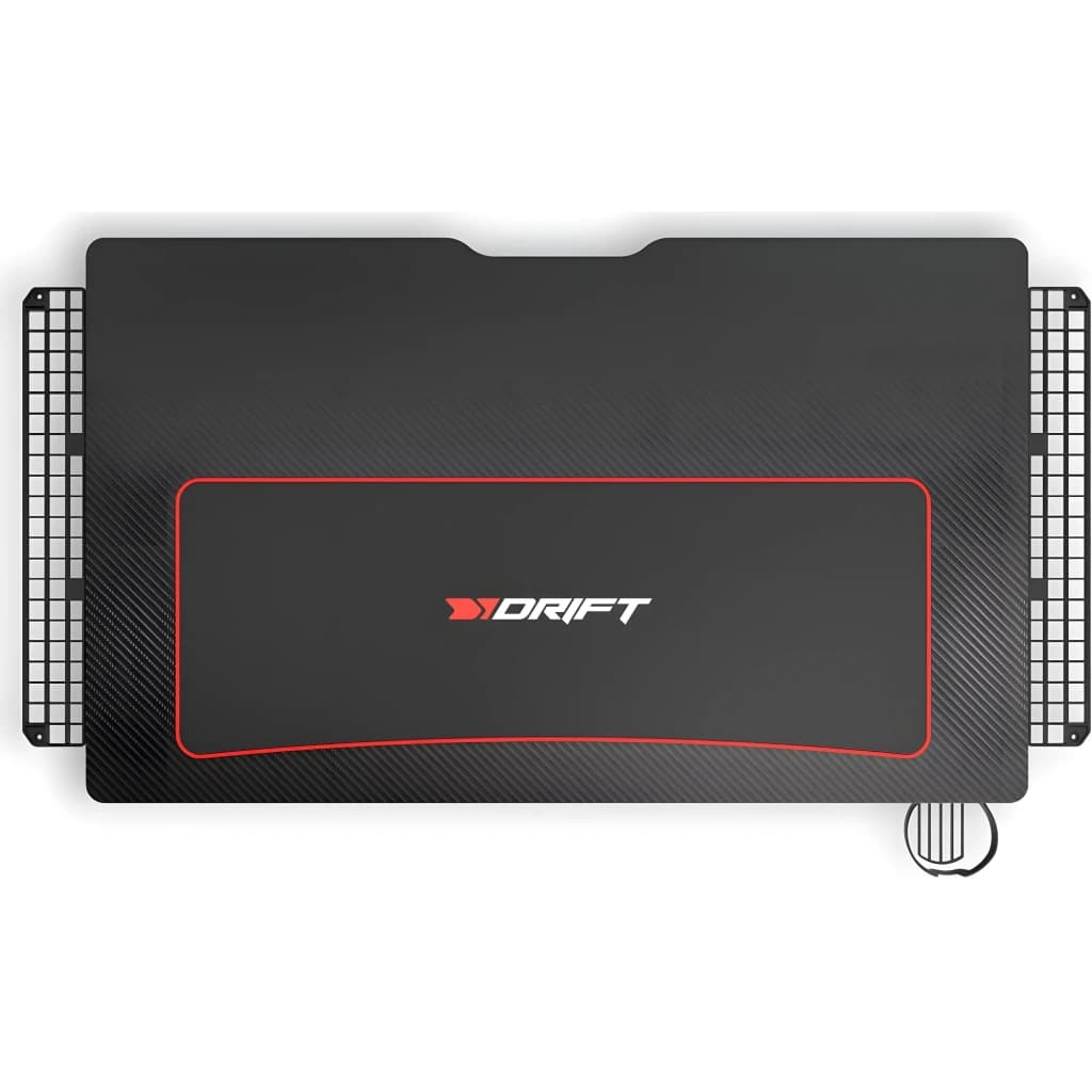 Drift Mesa Gaming DZ75 negro rojo, vista superior: superficie carbono, alfombrilla integrada con borde rojo y logo Drift,